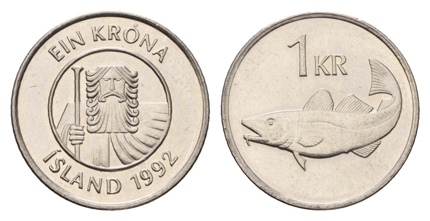 Исландия 1 крона 1992 треска KM 27a сталь плакированная никелем UNC 4687-843