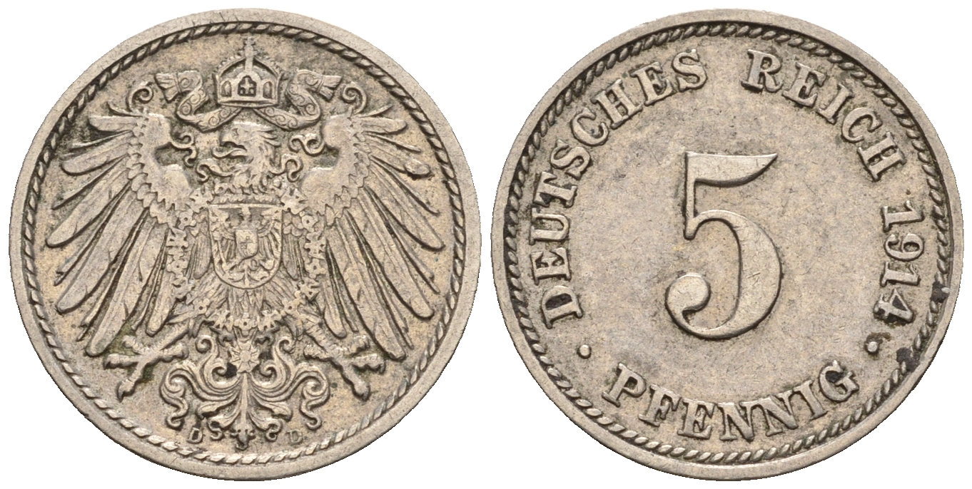 Германия 5 пфеннигов 1914 D, KM 11, J. 12 медно-никель 220-733