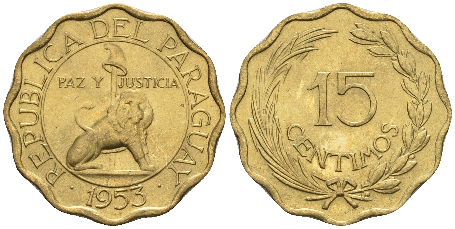 Парагвай 15 сентимо 1953 лев, фригийский колпак на шесте KM 26 алюминиевая бронза  aUNC  4177-537