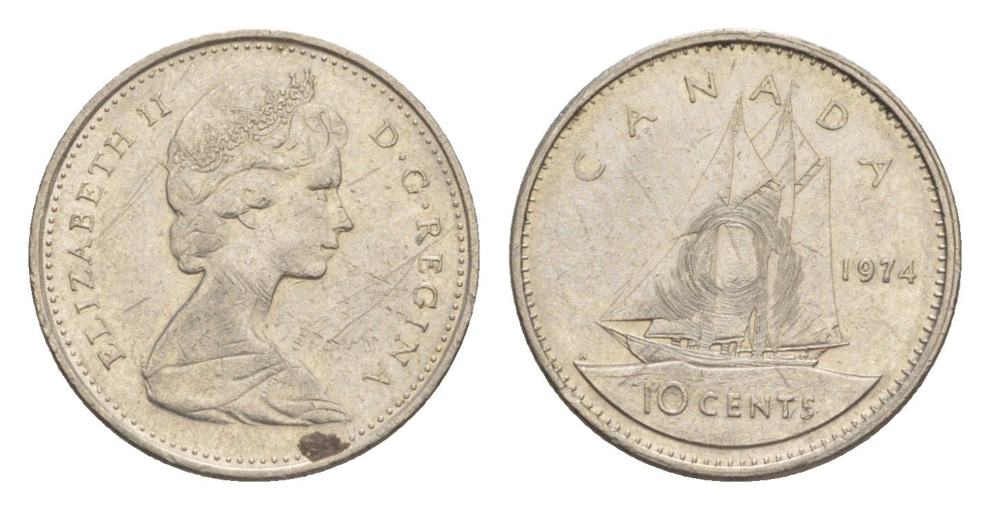 Канада 10 центов 1974 Елизавета II (1952-2022), парусник KM 77 никель 4639-629