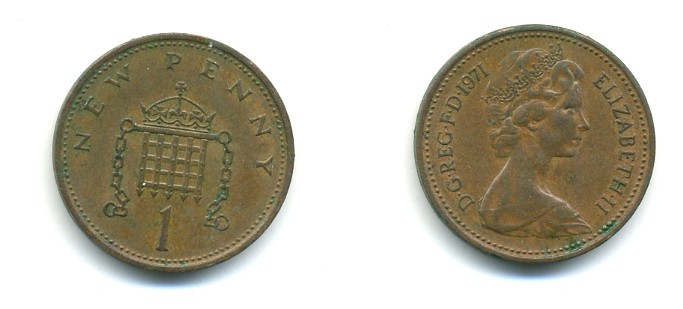 Великобритания 1 пенни 1971 Елизавета II (1952-2022) KM 915, Spink 4237 (B1) бронза 80-1032