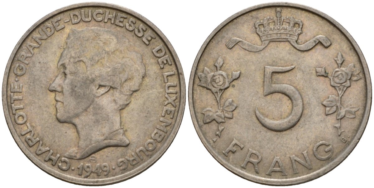 Люксембург 5 франков 1949 Великая герцогиня Шарлотта (1919-1964) KM 50 медно-никель 4599-1212