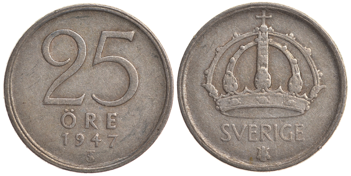 Швеция 25 эре 1947 TS, Густав V (1907-1950) KM 816 серебро 4179-864