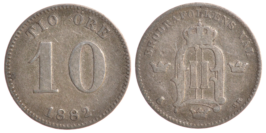 Швеция 10 эре 1882 Оскар II (1872-1907) король Швеции и Норвегии KM 755 серебро 4179-516