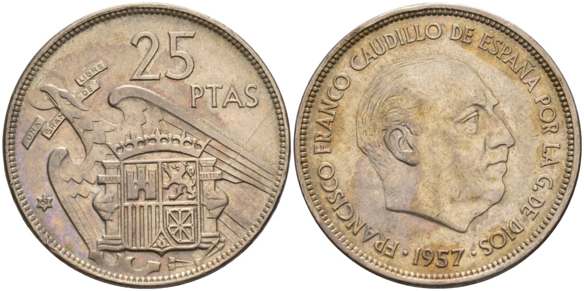 Испания 25 песет 1957(61) Франциско Франко (1939-1975) KM 787 медно-никель 4583-1041