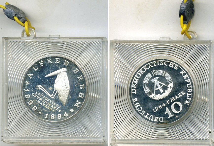 ГДР 10 марок 1984 A, 100 лет со дня смерти Альфреда Брема, тираж 5000 экз., в оригинальной упаковке, с пломбой KM 99 серебро PROOF 5-3-1-09