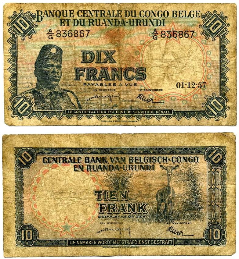 Бельгийское Конго 10 франков 1957 1 декабря 1957, Солдат "Общественных сил" (Аскари), антилопа Pick 30 b бумага 2119-5-3-1