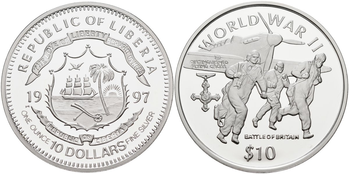 Либерия 10 долларов 1997 серия вторая мировая война, битва за Британию, тираж 25000 экз. KM 305 серебро PROOF 00-00