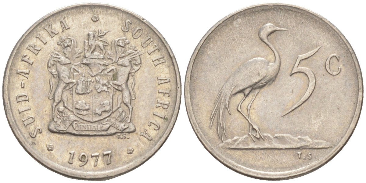 ЮАР 5 центов 1977 герб, райский журавль KM 84 никель 187-263