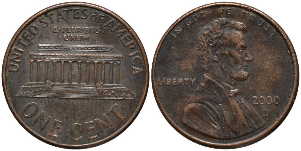 США 1 ЦЕНТ 2000 D, ЛИНКОЛЬН KM 201b цинк плакированный медью 112-631