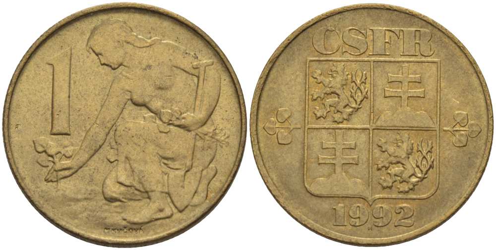 ЧЕШСКАЯ И СЛОВАЦКАЯ ФЕДЕРАТИВНАЯ РЕСПУБЛИКА 1 КРОНА 1991 ЧСФР KM 151 медь алюминий 4514-817