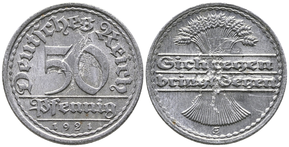 ГЕРМАНИЯ 50 ПФЕННИГОВ 1921 GF KM 27, J. 301 алюминий 24-957