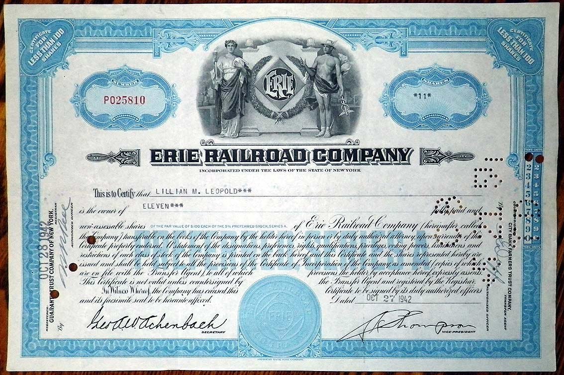 США ERIE RAILROAD COMPANY 1942 сертификат на 11 акций 00-00