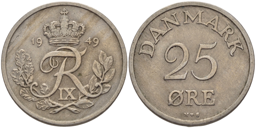 Дания 25 эре 1949 N; S, Фредерик IX (1947-1972) KM 842.1 медно-никель 28-355