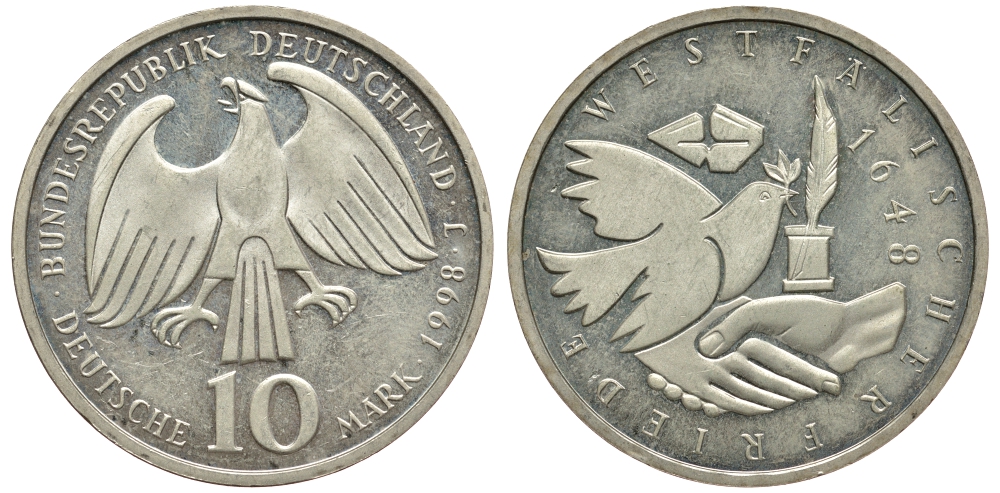 ФРГ 10 марок 1998 J, 350 лет Вестфальскому мирному договору KM 191 серебро 413-1931