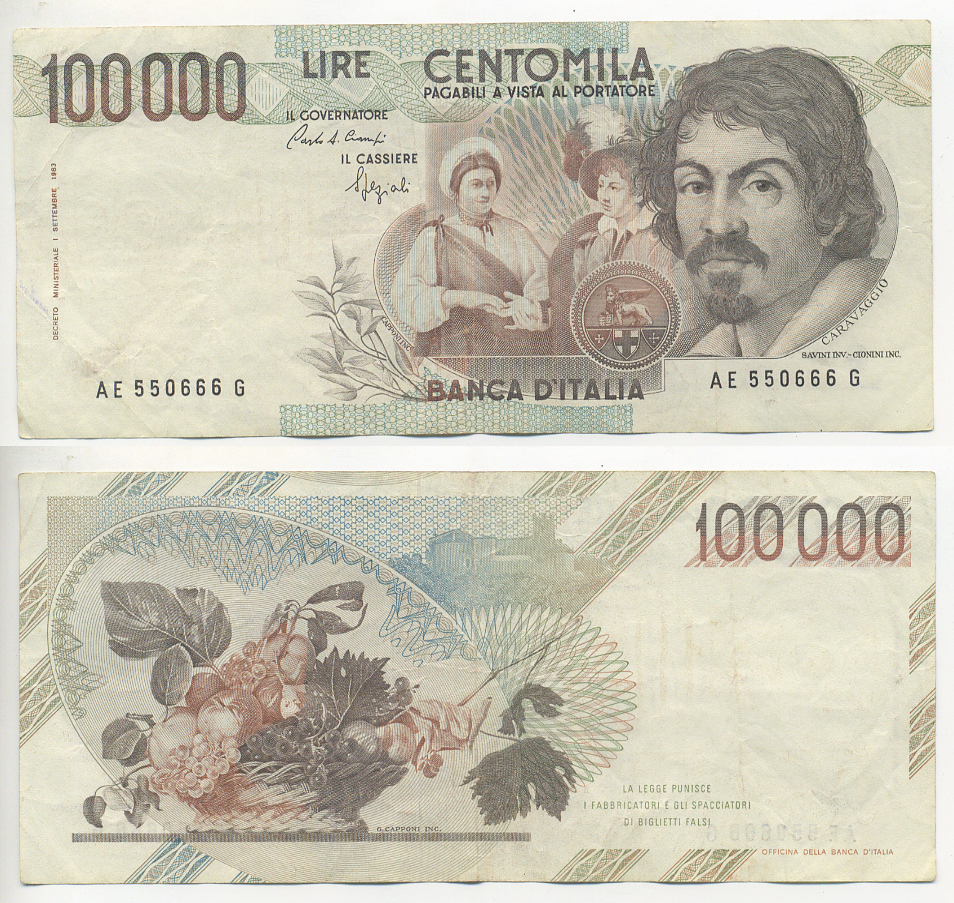 Италия 100000 лир 1983 Караваджо, фруктовый букет, подпись Speziali Pick 110b бумага 7220-9-3