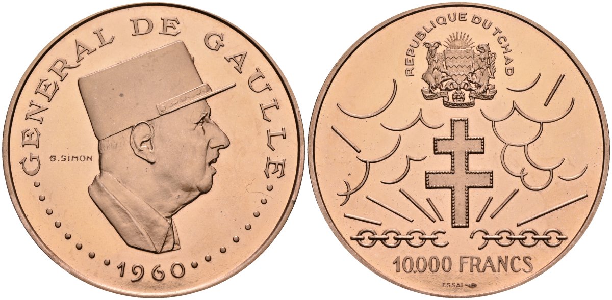 Чад 10000 франков 1960 ESSAI, генерал Шарль де Голль медь PROOF 04-320-41