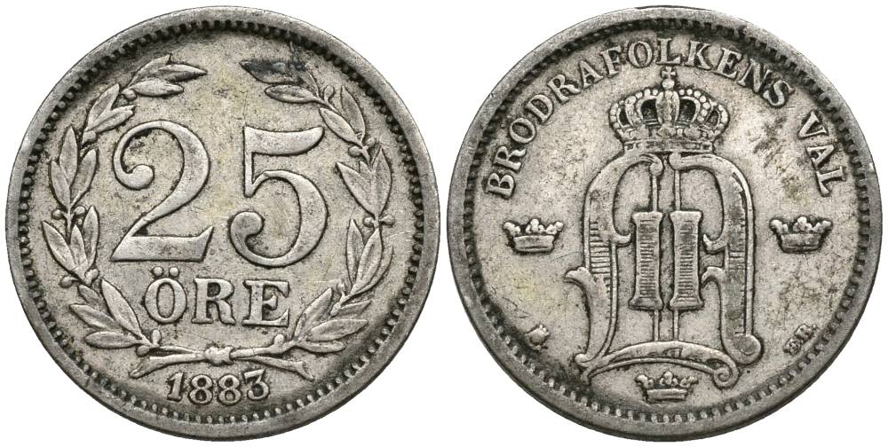 Швеция 25 эре 1883 EB, Оскар II (1872-1907) король Швеции и Норвегии, проба 600 KM 739 серебро 4549-1116