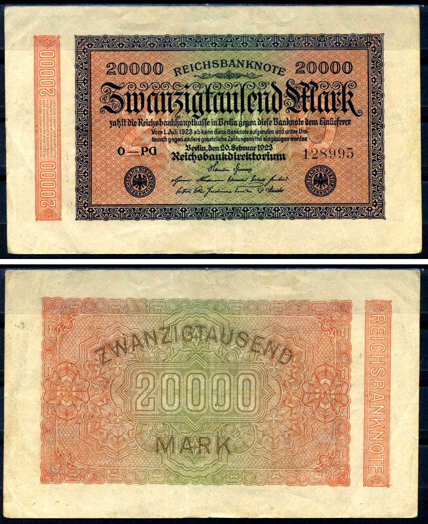 Германия 20000 марок 1923 20 февраля 1923, водяной знак E Pick 85 b бумага 8564-51-3-2