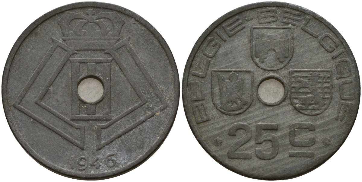 Бельгия 25 сантимов 1946 Belgie - Belgique, Леопольд III (1934-1947), германская оккупация, Вторая мировая война KM 132 цинк 4157-716