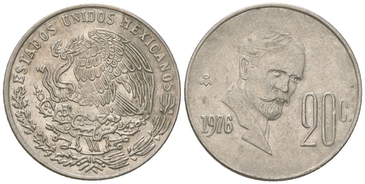 Мексика 20 сентаво 1976 Франциско Индалеси KM 442 медно-никель 4611-845