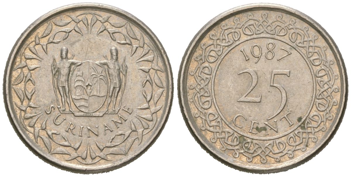 Суринам 25 центов 1987 KM 14a медно-никель 187-338