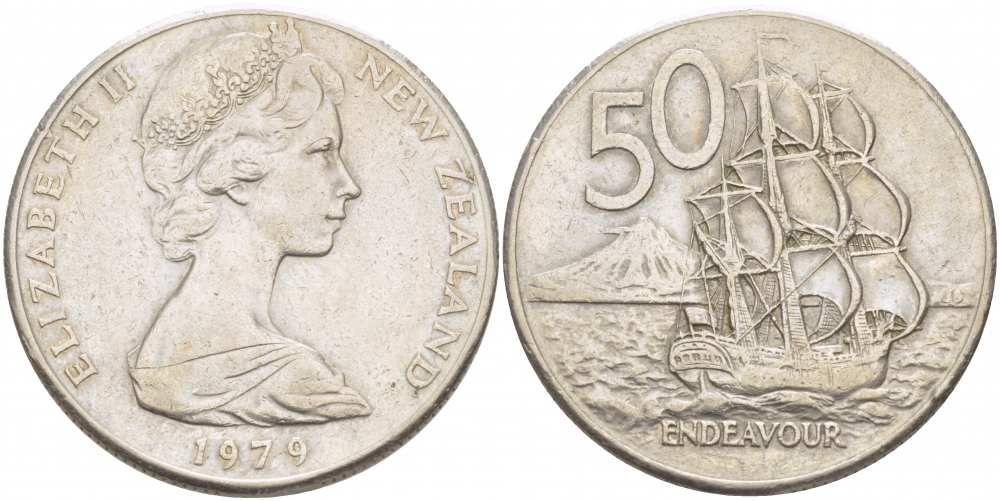Новая Зеландия 50 центов 1979 Елизавета II (1952-2022), парусник Индевор KM 37.1 медно-никель 215-212