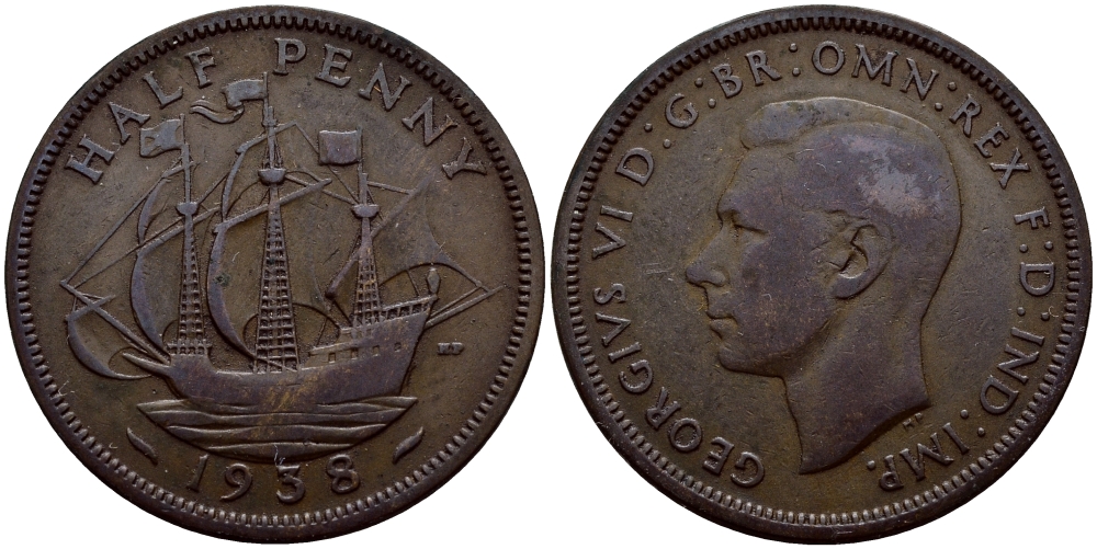 Великобритания 1/2 пенни 1938 Георг VI (1936-1952) KM 844, Spink 4115 бронза 62-735