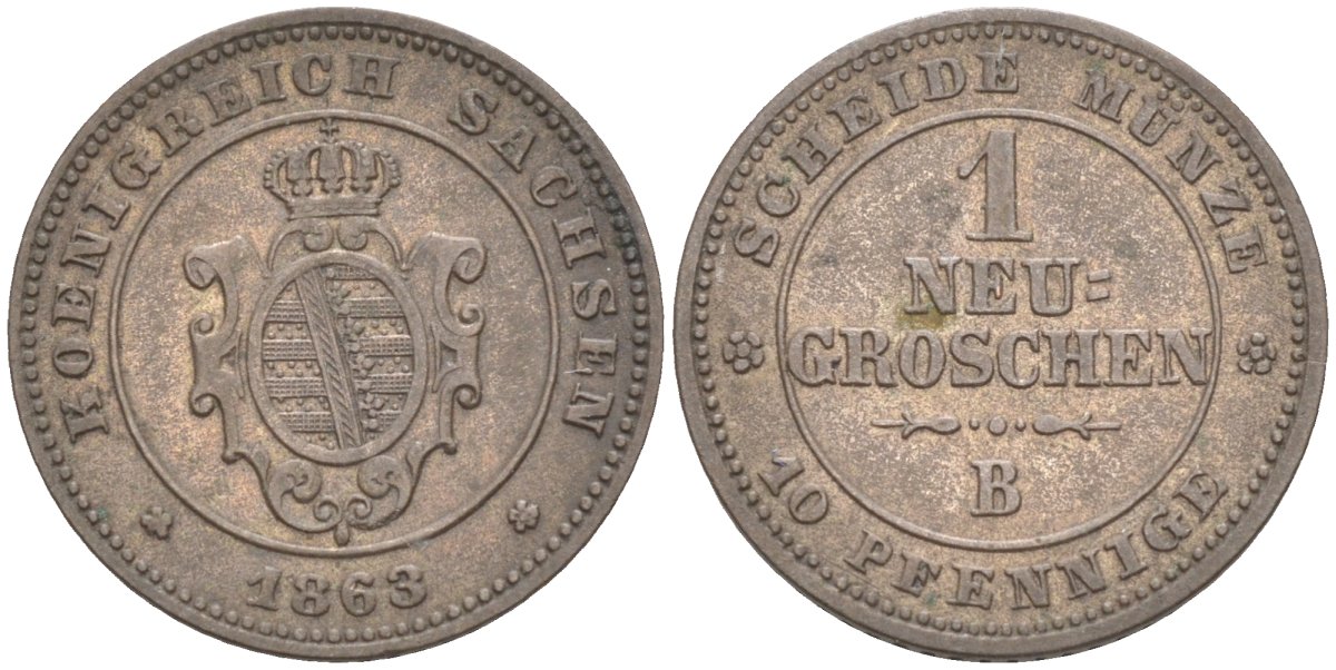 Саксония 1 новый грош 1863 В, Иоганн (1854-1873), Альбертинская линия KM 1219, Jaeger 124, AKS 147 серебро 4384-256