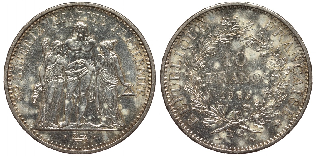Франция 10 франков 1965 А, Геракл с богинями равенства и братства KM 932 серебро 1524-1335