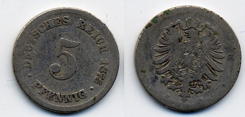 ГЕРМАНИЯ 5 ПФЕННИГОВ 1875 B, СТАРОГЕРБОВКА KM 3, J.3 медно-никель 46-411