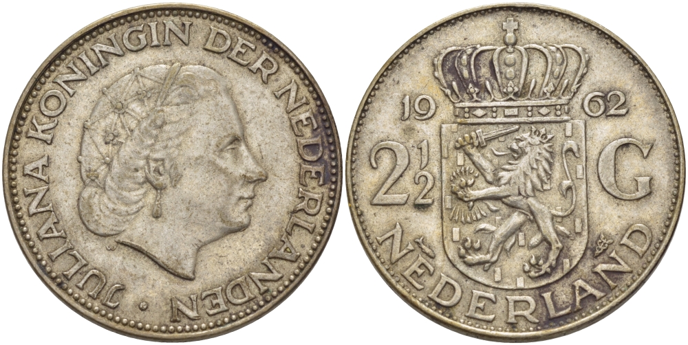 Нидерланды 2 1/2 гульдена 1962 Юлиана (1848-1980) KM 185 серебро 82-1221