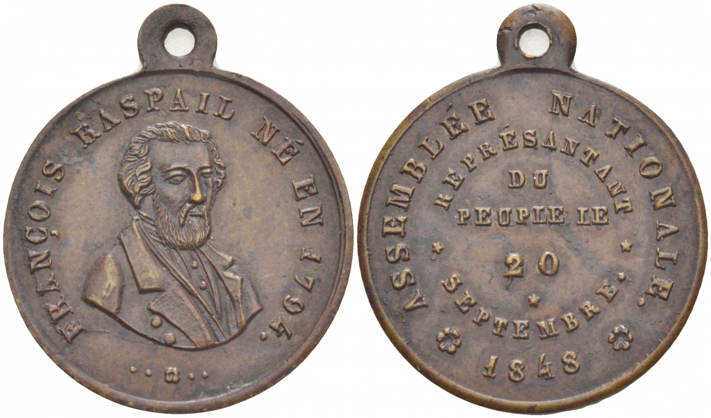 Франция медаль 1848 Франсуа Распай родился в 1794 году, национальное собрание, представитель народа, 20 сентября 1848 года, с ушком для носки, диаметр 24 мм., вес 5,1 гр бронза 4539-811