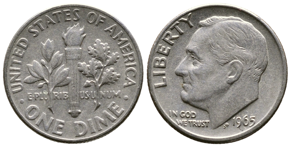 США 10 ЦЕНТОВ = 1 ДАЙМ 1965 РУЗВЕЛЬТ KM 195а медь плакированная медно-никелем 08-1327