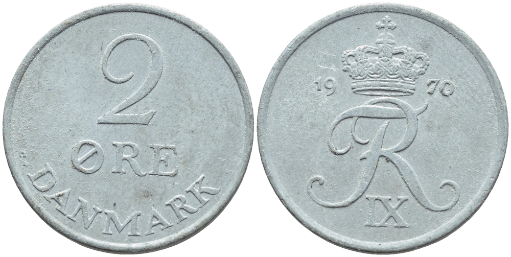 ДАНИЯ 2 ЭРЕ 1970 C; S, ФРЕДЕРИК IX (1947-1972) KM 840.2 цинк 26-351