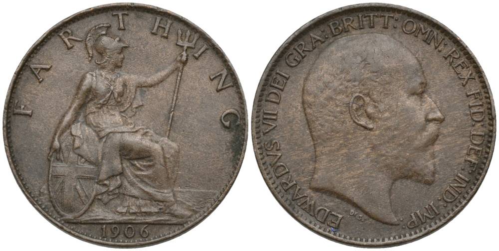 Великобритания 1 фартинг 1906 Эдуард VII (1901-1910), KM 792, Spink 3992 бронза 4548-1132