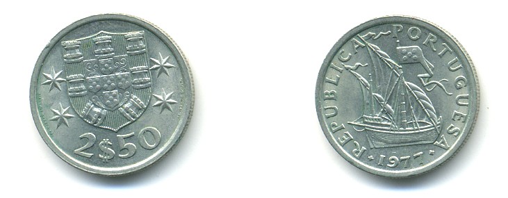 ПОРТУГАЛИЯ 2,5 ЭСКУДО 1977 ПАРУСНИК KM 590 медно-никель 80-423