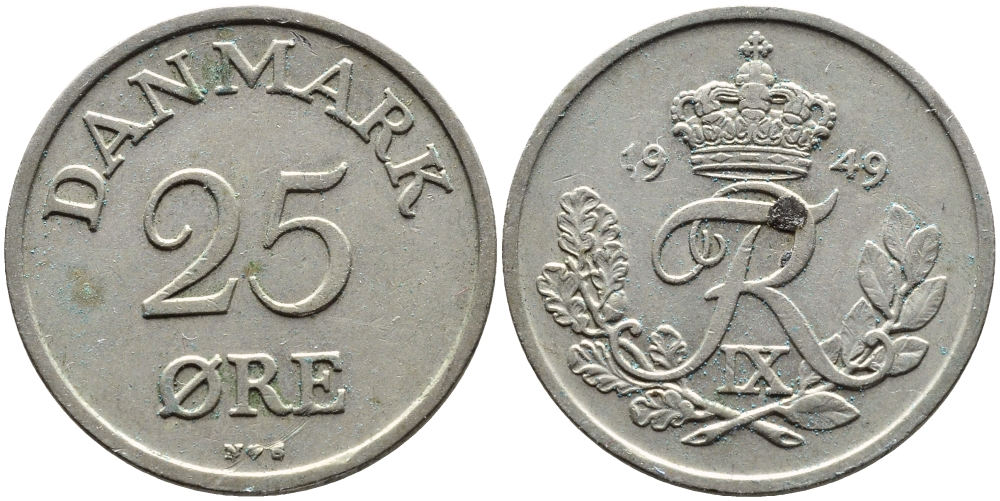 Дания 25 эре 1949 N; S, Фредерик IX (1947-1972) KM 842.1 медно-никель 4391-1235