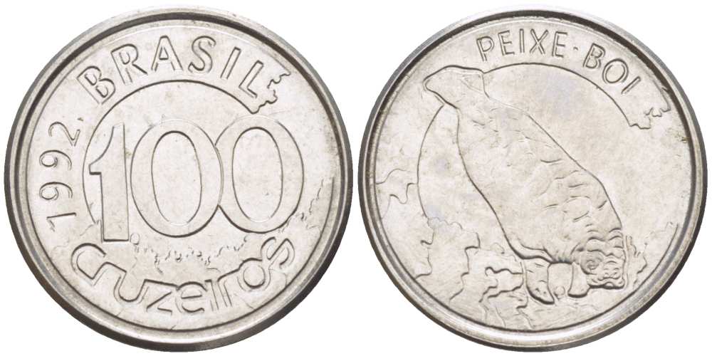 БРАЗИЛИЯ 100 КРУЗЕЙРО 1992 РЕФОРМА 1990-1993, ЛАМАНТИН KM 623 нержавеющая сталь 4392-154