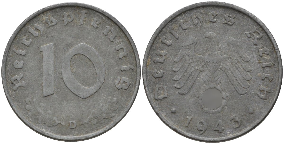 Германия 10 рейхспфеннигов 1943 D KM 101, J. 371 цинк 4151-346
