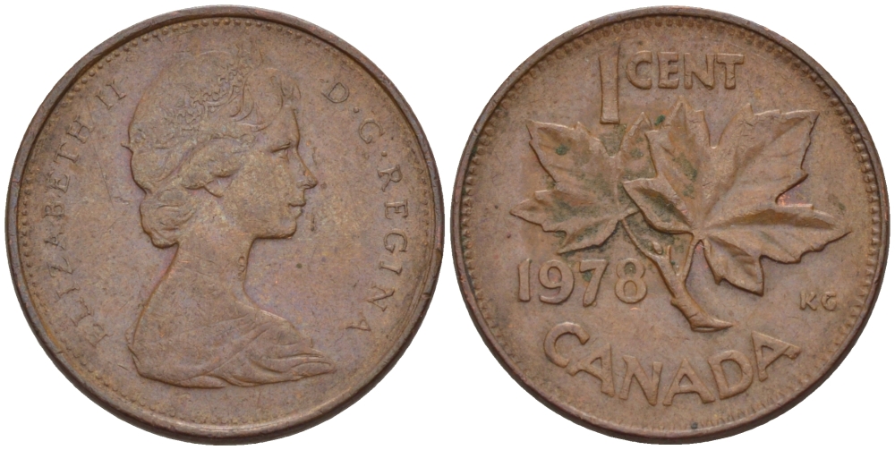 Канада 1 цент 1978 Елизавета II (1952-2022), кленовый лист KM 59.1 бронза 71-448