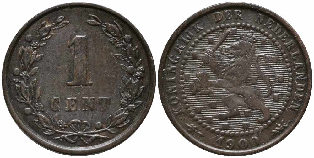 НИДЕРЛАНДЫ 1 ЦЕНТ 1900 ВИЛЬГЕЛЬМИНА (1890-1948) KM 107 бронза 112-442
