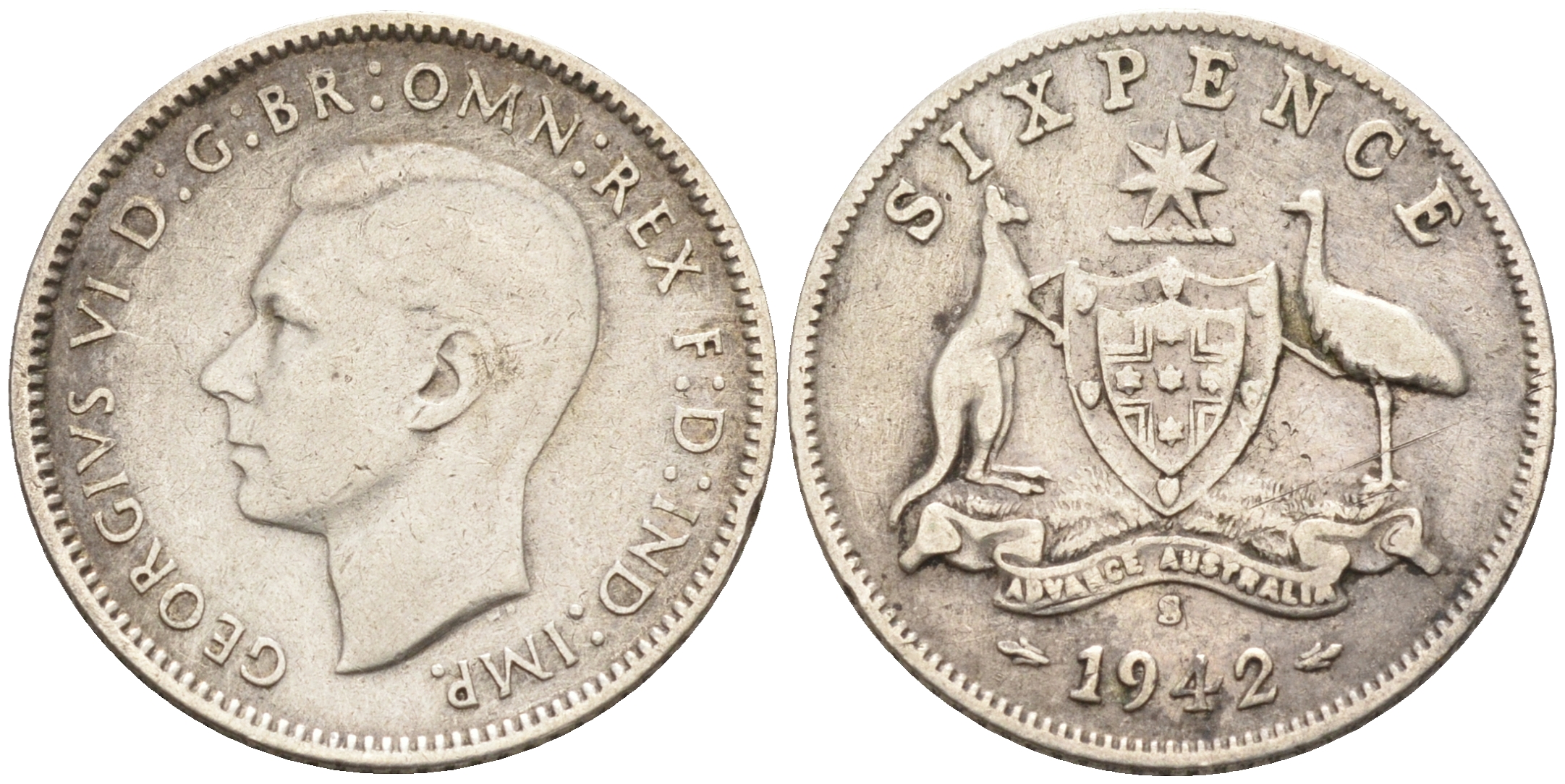 Австралия 6 пенсов 1942 S Георг VI (1937-1952), герб Австралии KM 38 серебро    4115-127