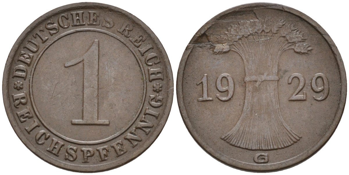Германия 1 рейхспфенниг 1929 G KM 37, J.313, Weege 2 медь 4585-614