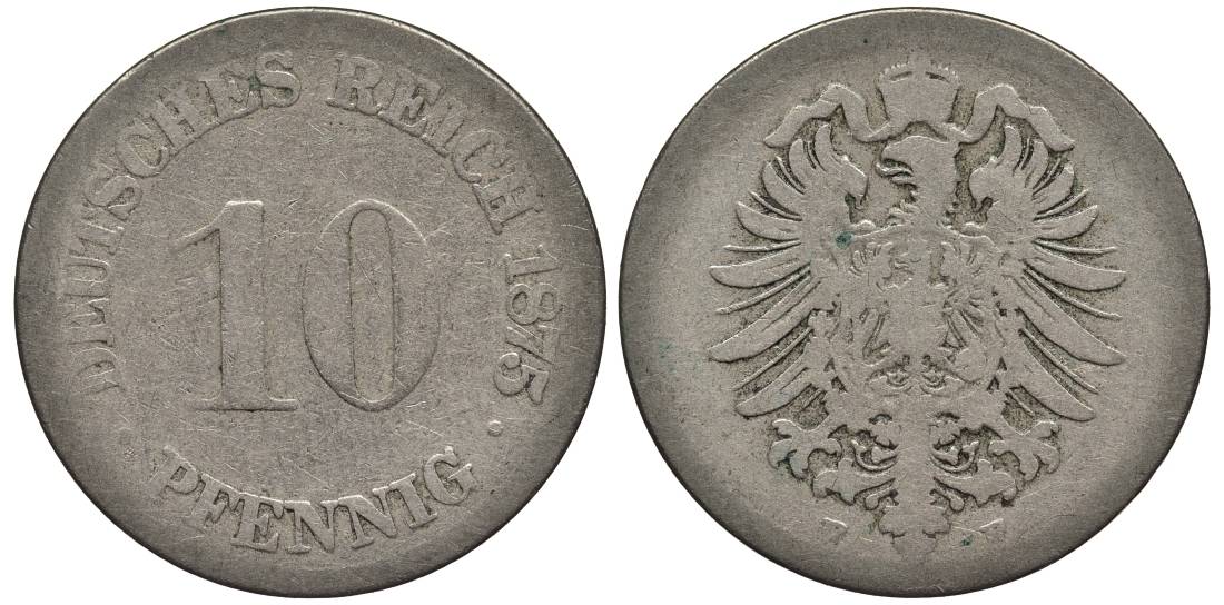 ГЕРМАНИЯ 10 ПФЕННИГОВ 1875 E, СТАРОГЕРБОВКА KM 4, Jager 4, Weege 7 медно-никель 4546-1125