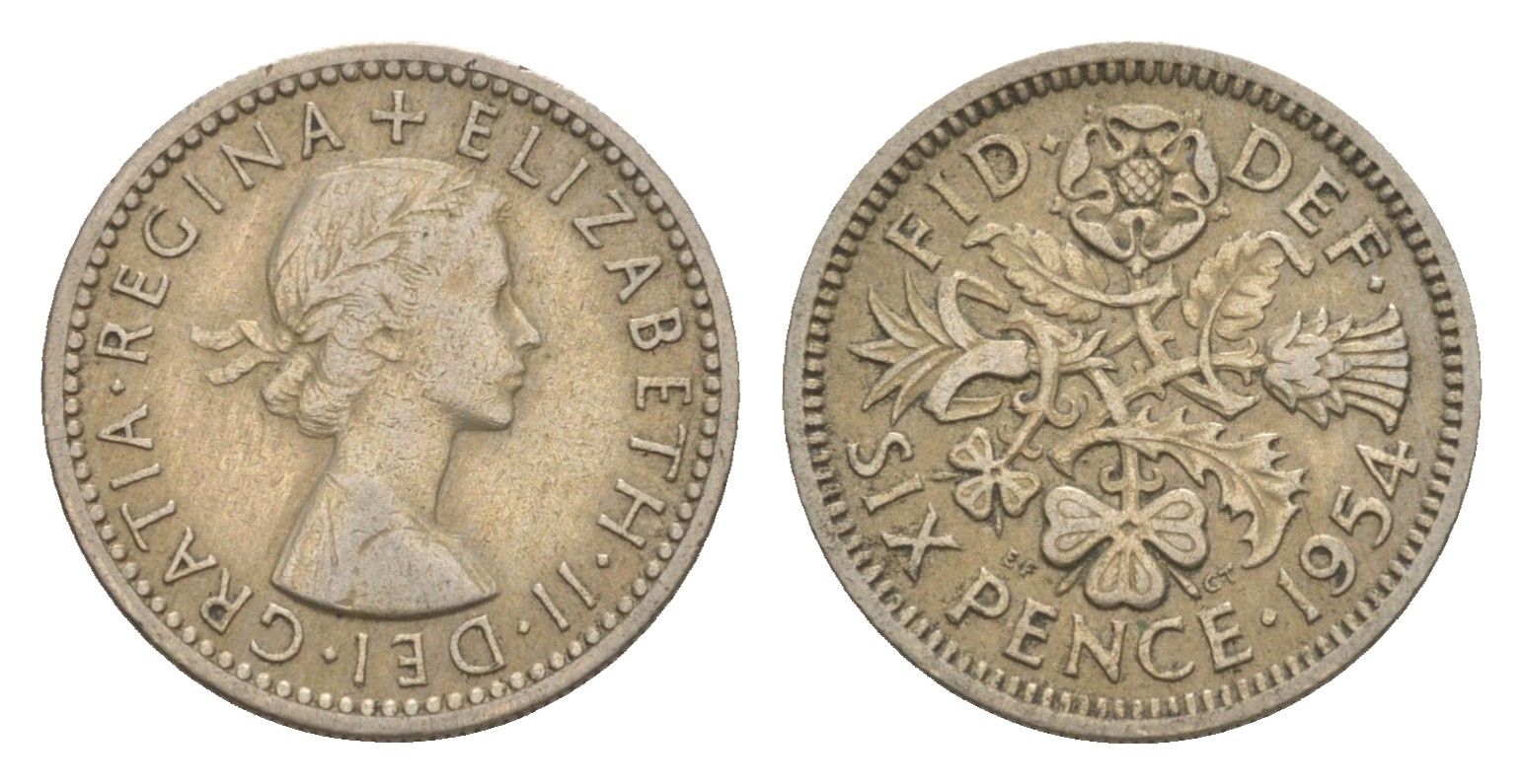 Великобритания 6 пенсов 1954 Елизавета II (1952-2022) KM 903, Spink 4149 медно-никель 4643-855