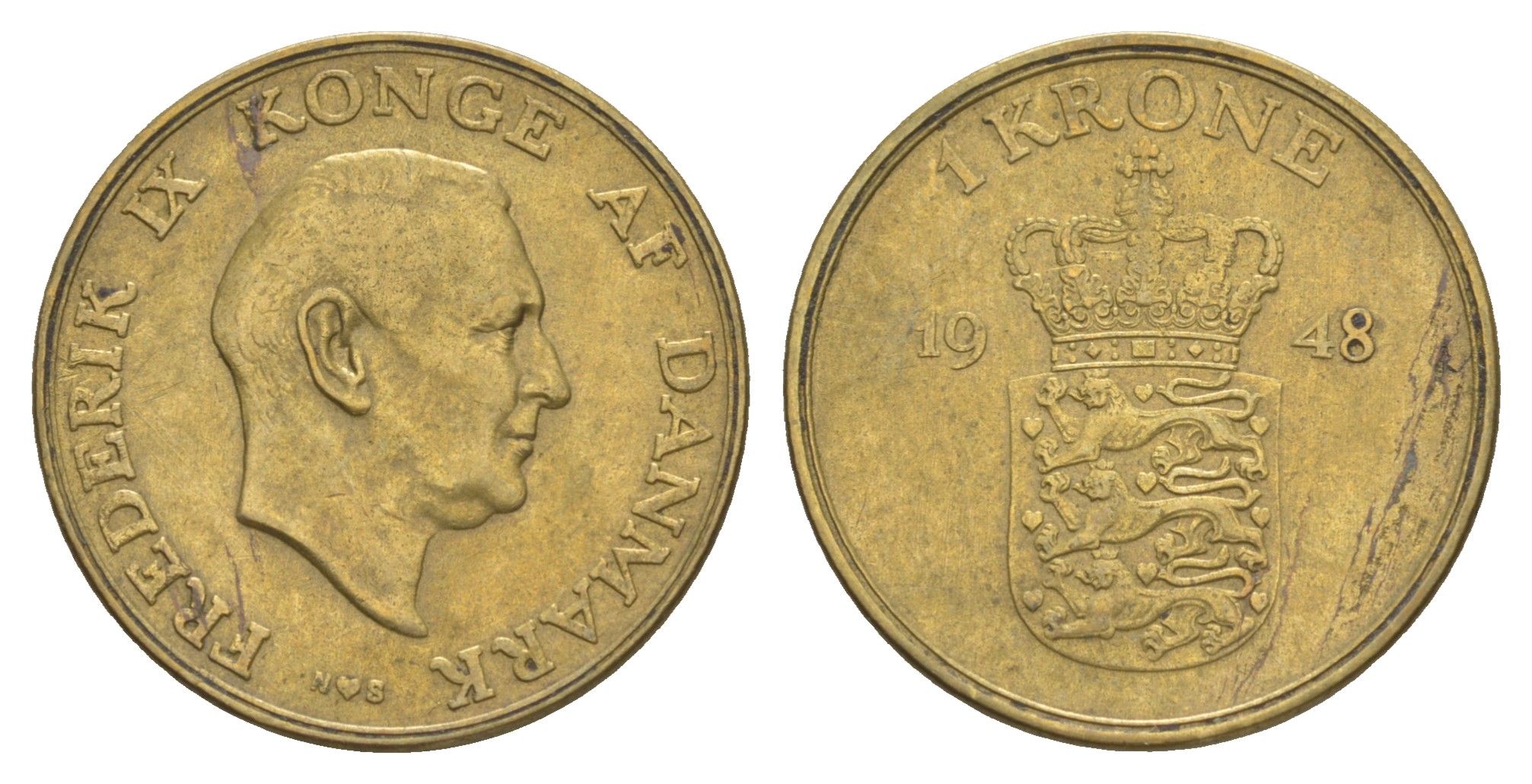Дания 1 крона 1948 N, Фредерик IX (1947-1972) KM 837 алюминиевая бронза 4638-713
