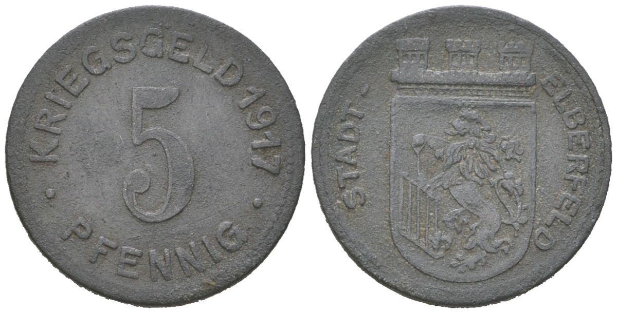 Эльберфельд 5 пфеннигов 1917 Funck 111.1, Men05 6413.1, Men18 8040.1 цинк 4617-165