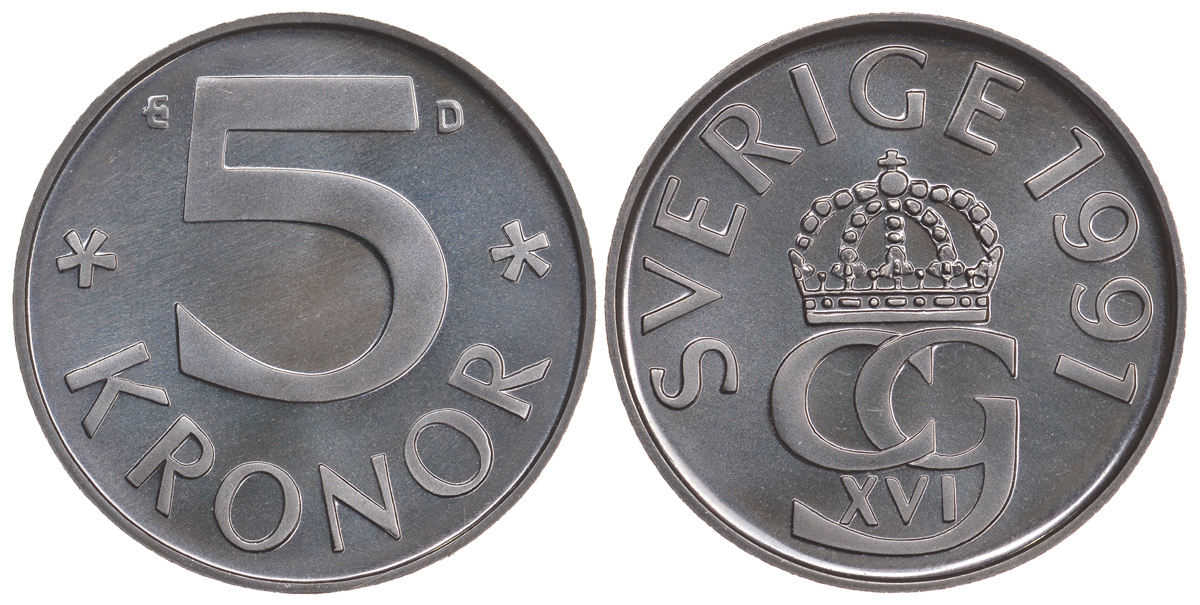 Швеция 5 крон 1991 D, Карл XVI Густав (1973- ) KM 853 медно-никель BUNC 41-412