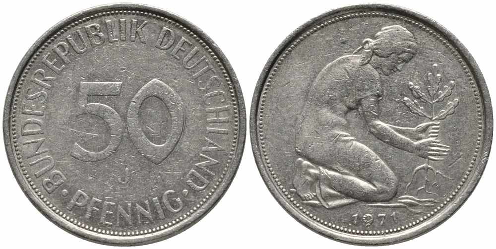 ФРГ 50 ПФЕННИГОВ 1971 J KM 109.1, J. 384 медно-никель 112-154